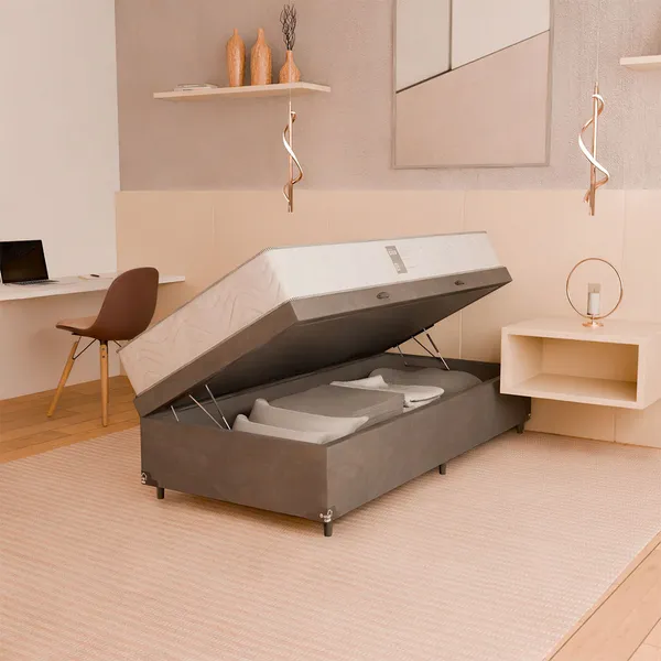 Baú Solteiro Suede Cinza + Colchão D33 One Face Branco- e-Shop Casa