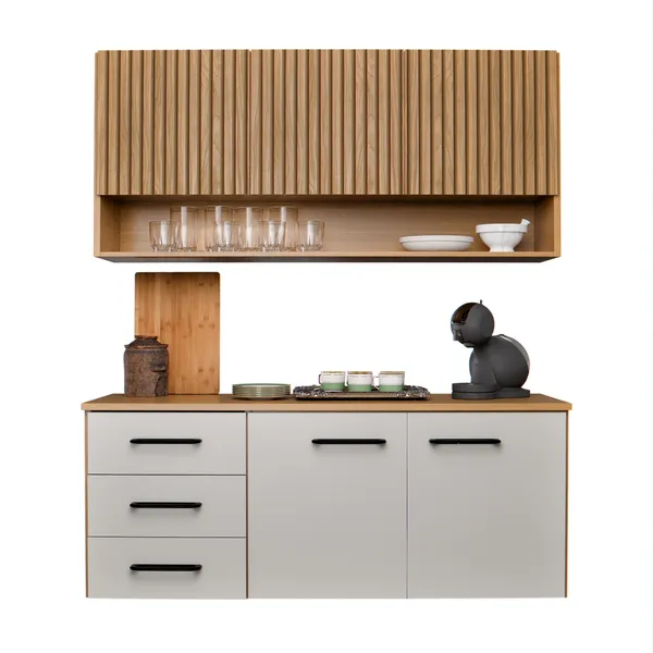 ARMÁRIO DE COZINHA ELIZA COM BALCÃO AÉREO 3 GAVETAS TELESCÓPICAS RIPADO 3D MDF MDP MODERNO COMPACTO
