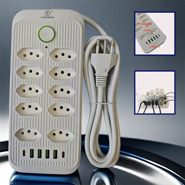 Extensão Elétrica Com Cabo 3 Metros 10 Tomadas Régua 4 USB 2 tipo-c
