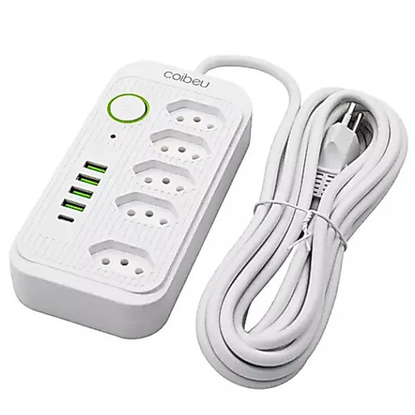 Extensão 5 Metros Bivolt 5 Tomadas E 4 Usb ​1 Pd Led Bivolt Com botão WKC-541