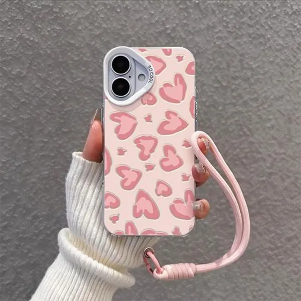 Capinha cordão Onça Rosa Coração para iPhone 11 12 13 14 15 16 17 Pro Max Plus Samsung S25 S24 S23 A15 A36
