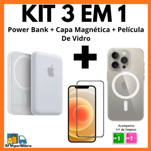 Kit Portátil Power Bank + Capa Magnética + Película De Vidro Para iPhone 7/8 XR 11 12 13 14 15 16 17 PRO PLUS AIR MAX
