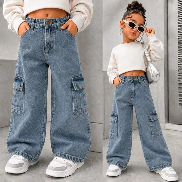 CALÇA MENINAS INFANTIL JEANS MODELO WIND LAG/CARGO/MODA/KIDS/MENINAS