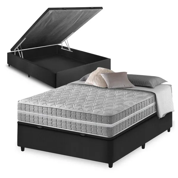 CAMA BOX BAÚ CASAL PRETO + COLCHÃO MOLAS ENSACADAS ZIDI ALABAMA 138X188X66CM