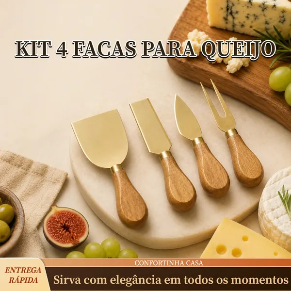 Kit 4 Facas Para Queijo Douradas Cabo Madeira Tábua Frios Aperitivos