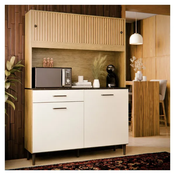 ARMÁRIO DE COZINHA COMPLETO RIPADO 3D COM 4 PORTAS E GAVETA KIT DE PAREDE COMPACTO COM NICHO GRAZI