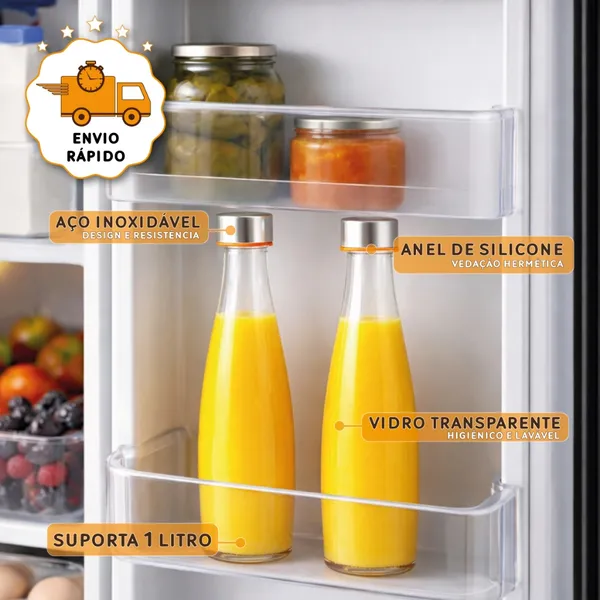 Jogo de Garrafas de Vidro Redondas para Geladeira com Tampa Hermética em Aço Inoxidável