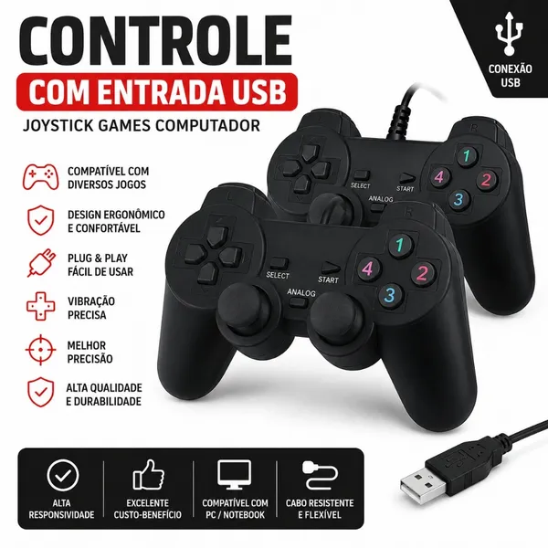 Controle Com Entrada Usb Joystick Games Computador E Console Vídeo Game Para Jogos