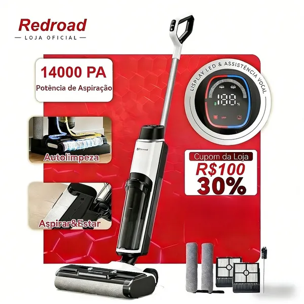Limpador 3 em 1: aspira, lava e limpa. Autolimpeza, bateria duradoura, tanque 910ml,tela LED, bivolt100-240V Redroad W15