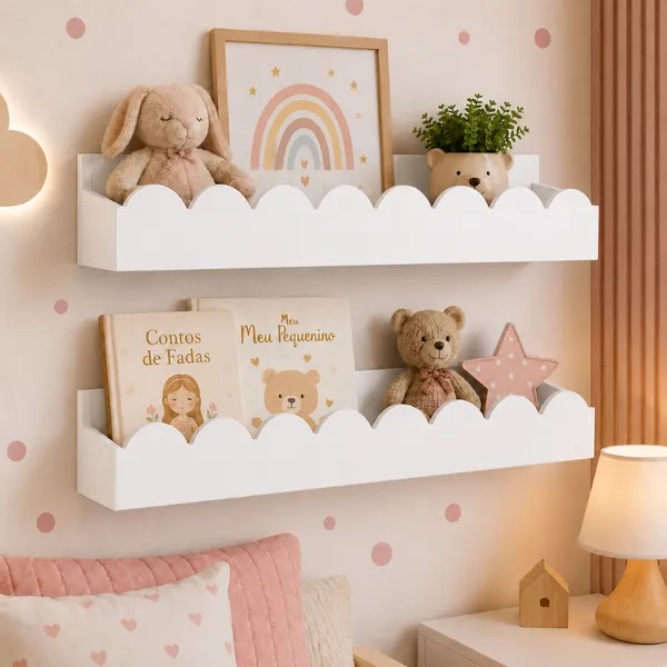 Kit 2 Prateleiras Infantil de Parede MDF Organizador para Livros e Decoração