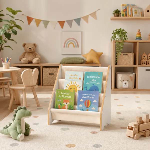 Porta Livro Infantil Montessori MDF com Bolsos em Tecido Organizador de Livros para Quarto Bebê