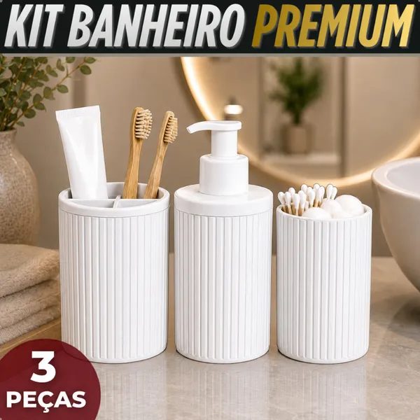 Kit Banheiro Lavabo 3 Peças Dispenser Sabonete Liquido Porta Escova Porta Algodao E Cotonete Luxo Completo Resistente