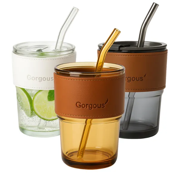 Copo de Vidro com Canudo 450ml Coldre de Couro para Drinks, Chá e Bebidas