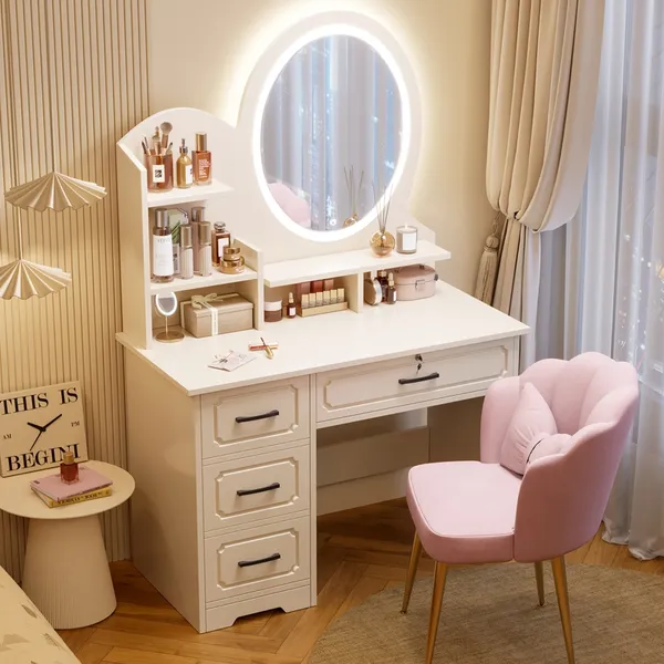 Penteadeira de Quarto Luxo com 4 Gavetas, Mesa de Maquiagem Multifuncional com LED Branca Yesop