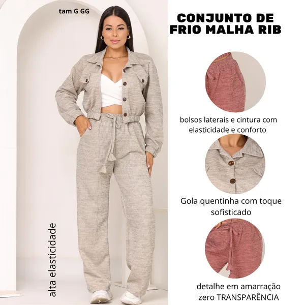 Conjunto Feminino Inverno Malha Ribi Canelada Premium Não Transparente Calça Pantalona e Blusa Manga Longa Moda Elegante