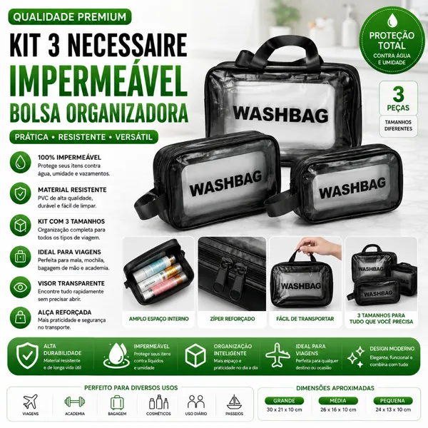 KIT 3 NECESSAIRE IMPERMEáVEL WASHBAG BOLSA ORGANIZADORA