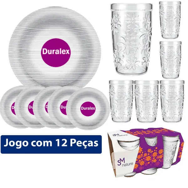 KIT JOGO 12 PÇS DURALEX 6 PRATOS DIAMANTE FUNDO + 6 JOGO DE COPOS NATURE LOUÇA PARA REFEIÇÕES