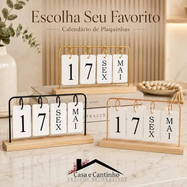 Calendário de Mesa Decorativo com Plaquinhas Preto Rose Dourado Permanente Escritório