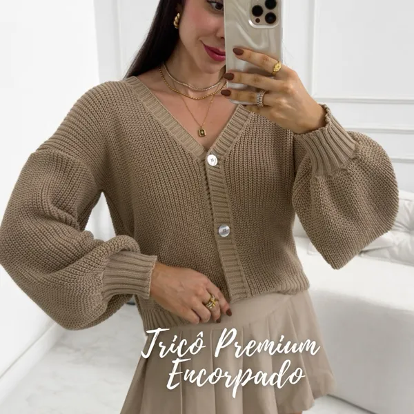 Casaco Tricô Premium Manga Bufante Cardigan Feminino Elegante Tricô Grosso Inverno Encorpado