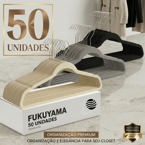 KIT 50 CABIDES DE VELUDO FUKUYAMA COM GANCHO GIRATÓRIO 360° Antideslizante Slim