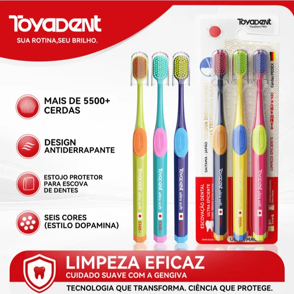 ToyaDent Escova de Dente,Cerdas Macias,Kit 3 Unidades+Capa Protetora,Design ergonômico