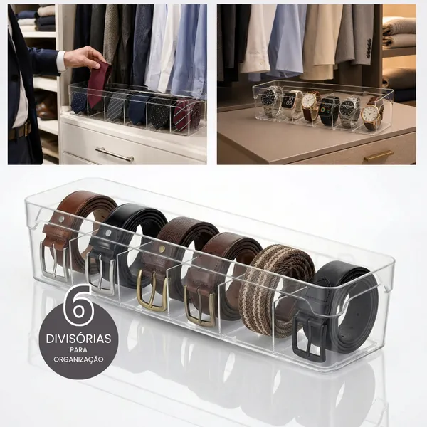 Organizador de Cintos Gravata Relógio 34x10x8 Com 6 Divisórias em Acrílico Para Gavetas e Armário