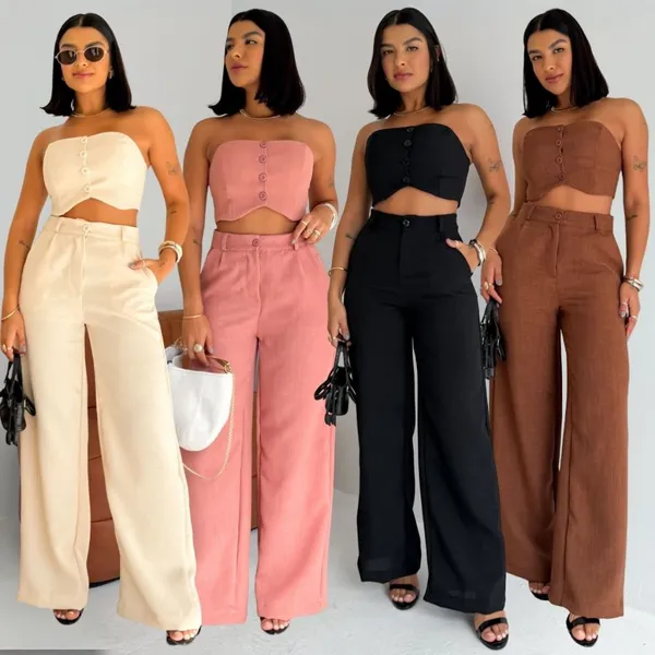 Conjunto Feminino Top e Calça em Linhão Candy Colors Top Tomara Que Caia Com Botões