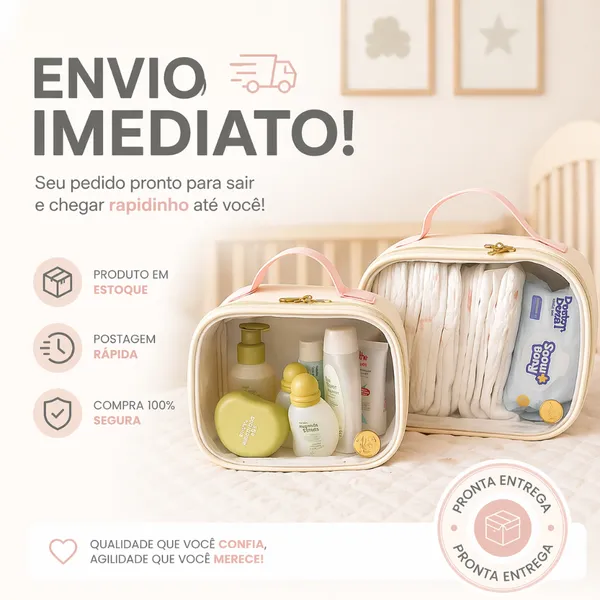 Kit 2 peças necessaire maleta transparente organizadora para itens de higiene ou fraldas portátil