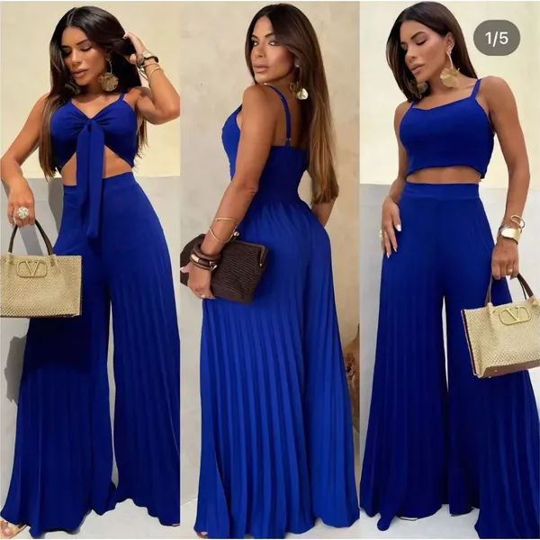 Conjunto Calça Plissado e Cropped e Longo Plissada Juvenil Look Elegante Social Festa Tendência