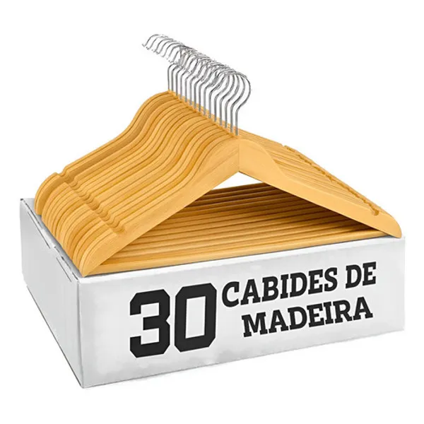 Kit 30 Cabide De Madeira Adulto Grande Antideslizante Marfim Natural Gancho 360° Camisa Calça Jaqueta Blusa