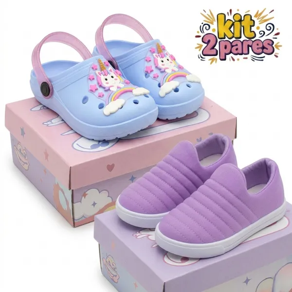 Kit 2 Pares Tênis Infantil Calce Fácil Menina & Sandália Babuche Conforto Promoção
