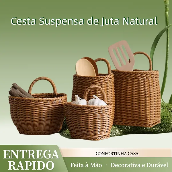 Cesta de Juta Suspensa para Parede – Feita à Mão, Vime Artificial, Armazenamento e Decoração