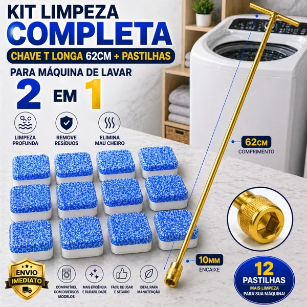 KIT COMPLETO LIMPEZA MáQUINA DE LAVAR UNIVERSAL – CHAVE T 62CM + PASTILHAS EFERVESCENTES