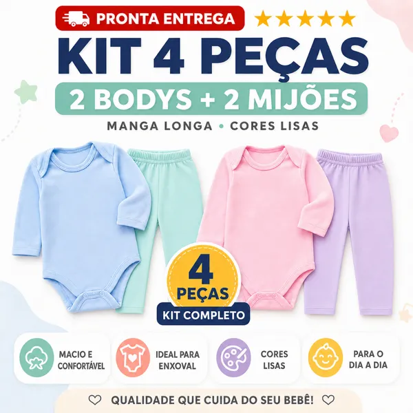 Kit 4 Peças Mijão E Body Manga Longa Liso Infantil Para Bebês