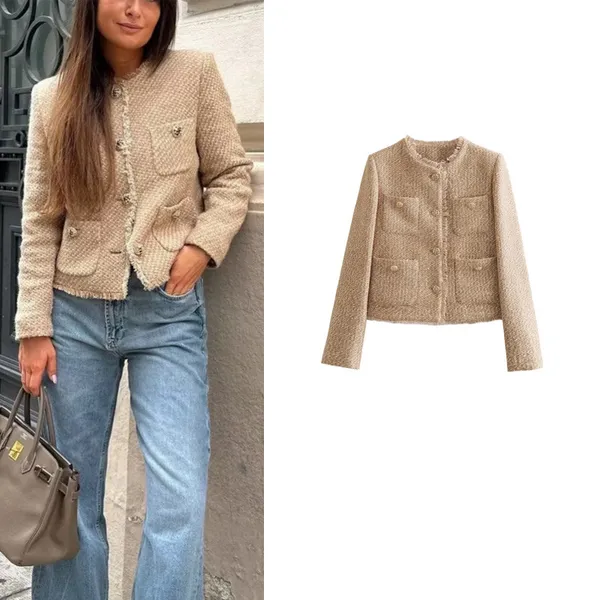 ZA Outono Novo Estilo Feminino Gola Redonda Manga Comprida Borda Bruta Jaqueta Curta Giratória Grossa 00875