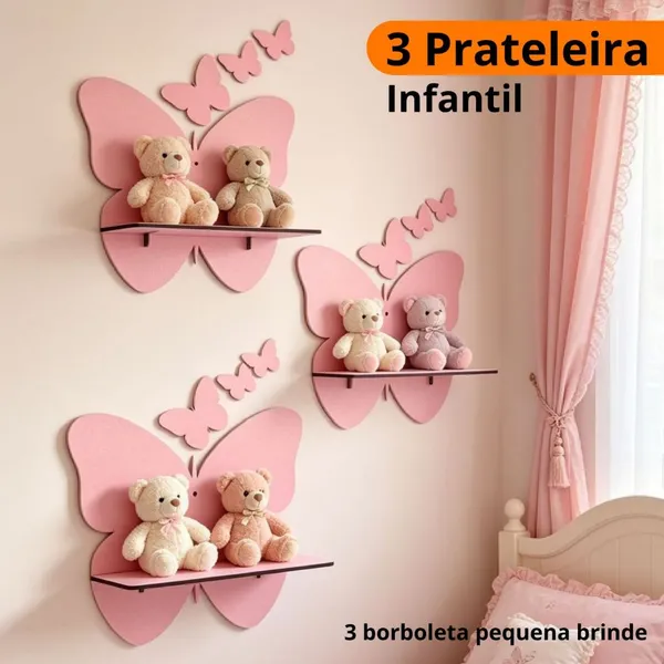 Kit 3 Prateleiras Rosa Modelo Borboleta