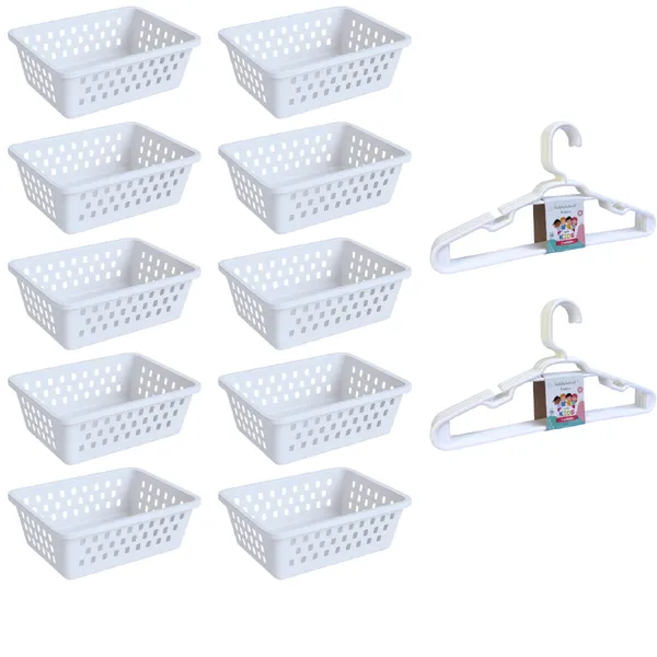 Kit 10 Cesto Organizador e 10 Cabide Infantil Branco Transparente Rosa Azul