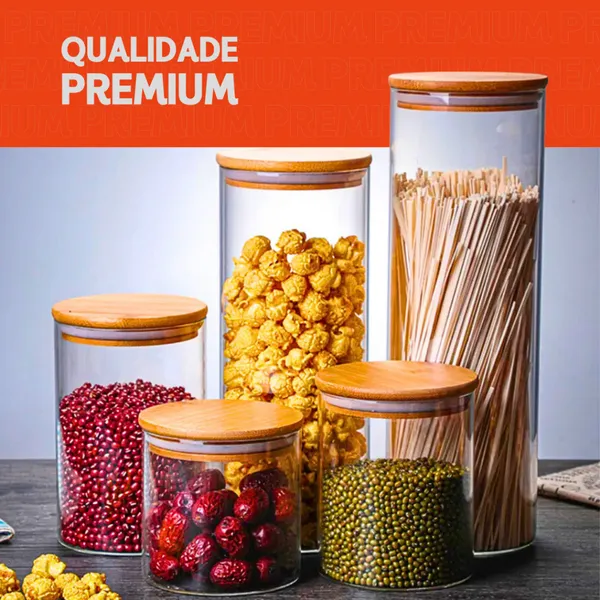 Porta Mantimentos de Vidro Hermético - Kit com 5 (Tampa de Bambu) - Mazzal