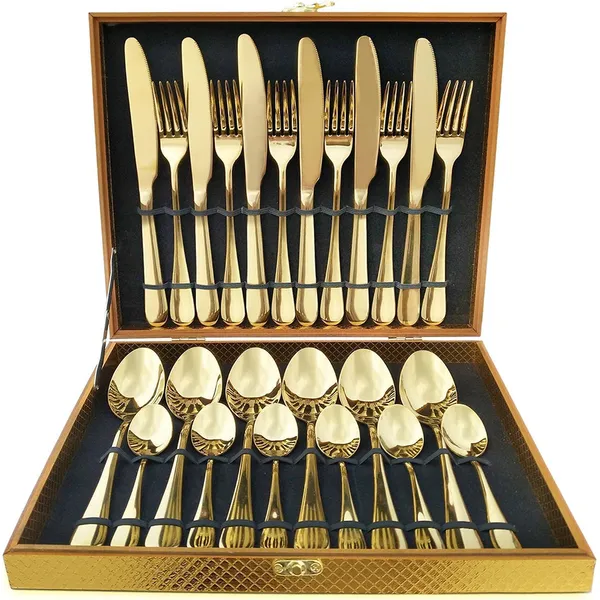 KIT FAQUEIRO MALETA DE TALHERES INOX 24 PEÇAS COM DOURADO CHIQUE / PRATA LUXO