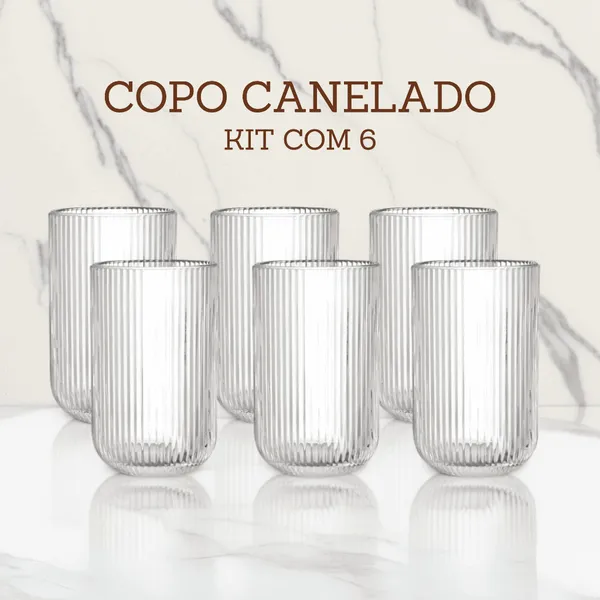 Jogo De Copos 6 Peças De Vidro Cameratta Canelado 420ml Suco Água