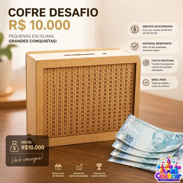 Cofre Desafio 1000 5000 10000 Caixa Dinheiro De Madeira Cofre para Guardar Dinheiro Método Japonês