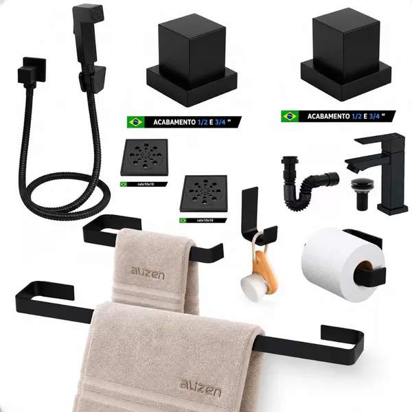 Kit De Acessórios Para Banheiro Preto Com Torneira Ralo click inteligente e Sifão