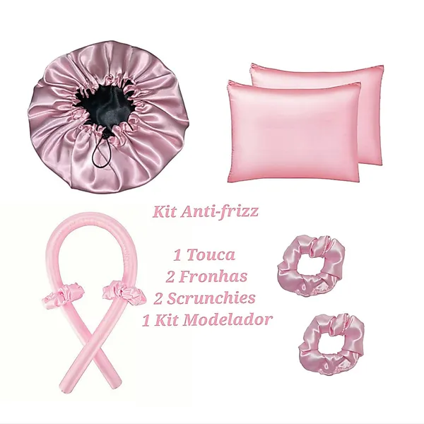 Kit Anti Frizz 2 Fronhas 1 Touca 1 kit Modelador de cachos 2 Scrunchioes