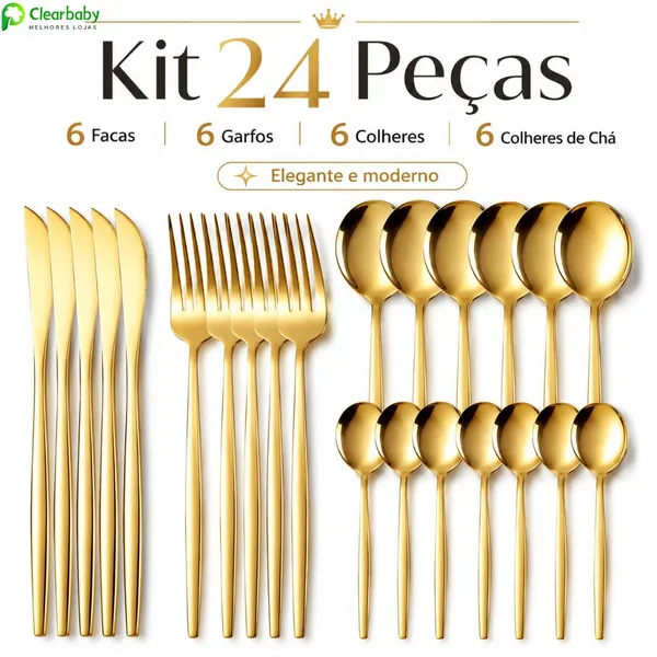Kit 24 Aço  Talheres Dourado Inoxidável De Para Uso Em Casa E Restaurantes