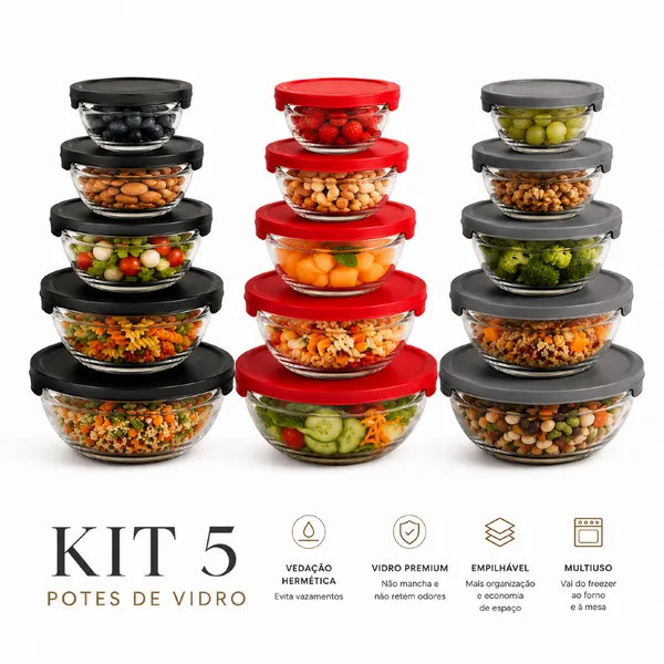 Conjunto Tigela Vidro Bowl Marmita Tampa 5 Peças Herméticos Cozinha Refeições