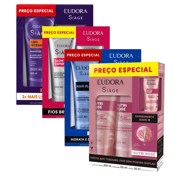 Kit Especial Shampoo + Condicionador Liso Intenso Hair-Plastia Glow Expert e Nutri Rosé Eudora Siàge