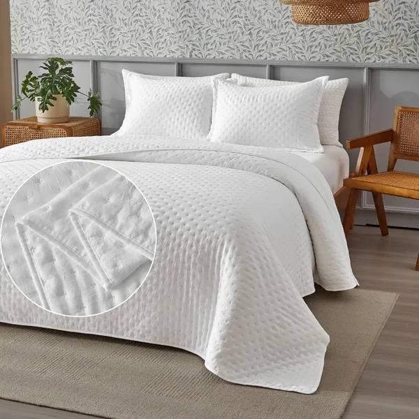 Kit Colcha Cobre Leito 3 Peças 300 Fios Ponto Cruz Macio e Elegante