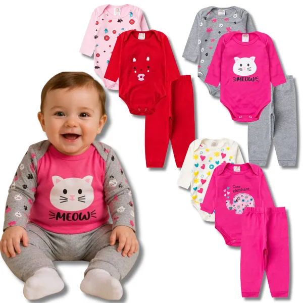 Kit Conjunto Body Feminino/Menina Bebê Inverno - 2 Bodies Manga Longa + 1 Calça