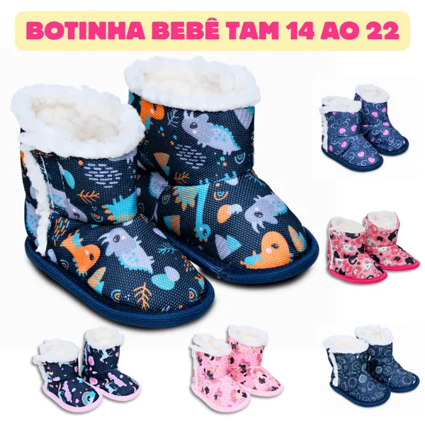 Botinha Bebê Pantufa Menina e Menino Tam 14 ao 22 Forrada Em Lã Inverno Com Solado Antiderrapante