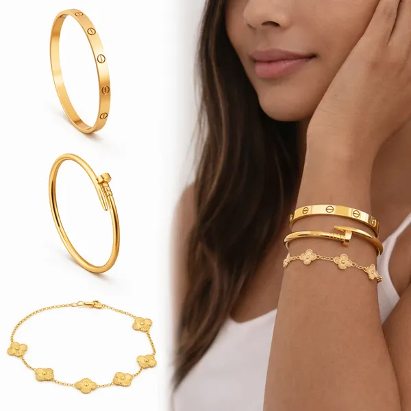 Kit 3 Pulseiras Femininas Aço Inox 18K Love Prego Trevo Não Perde a Cor, bracelete, dourado